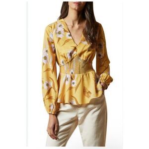 Ted Baker Saniyah cabana smocked waist yellow floral blouse 3 U.S. 8